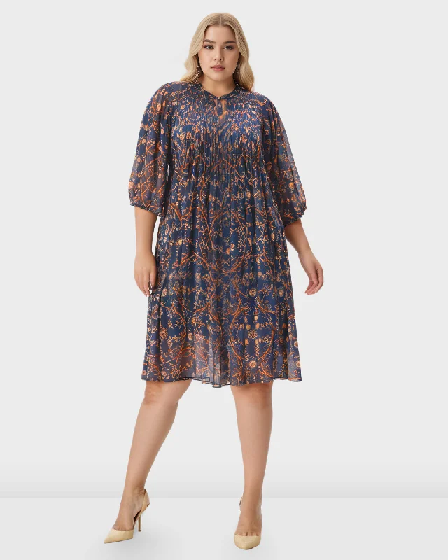 Floral Tile Print Georgette Pintuck Shift Dress | Navy