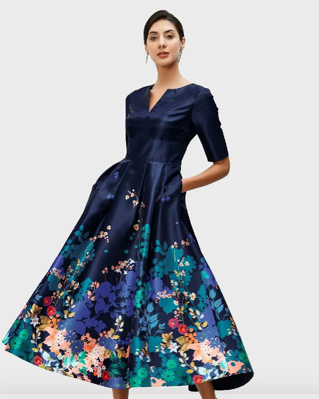 Placed Floral Print Dupioni Dress | Navy