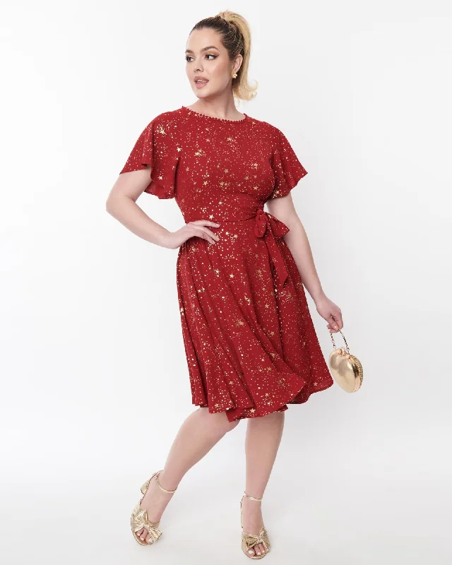 Unique Vintage Deep Red & Gold Star Swing Dress | Red, gold stars