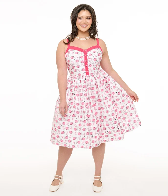 Unique Vintage Plus Size 1950s White & Pink Snail Cotton Swing Dress