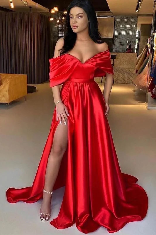 Red A Line Off The Shoulder Prom Dress Split cc457