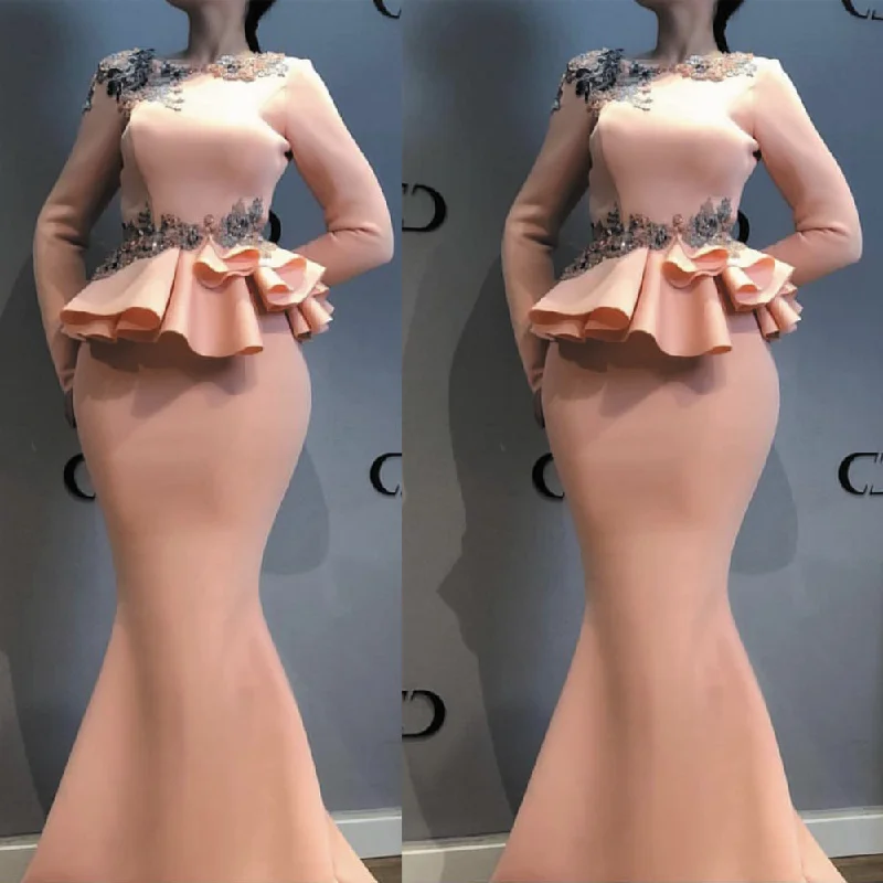 modest peach evening dresses long sleeve elegant beaded mermaid evening gown vestido de festa