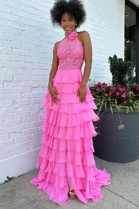 Hot Pink Halter Open Back Chiffon Tiered Long Prom Dress,DP1015