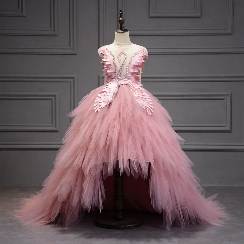 Swan Crystal Asymmetrical Tulle Ball Gown First Holy Communion Flower Girl Dress