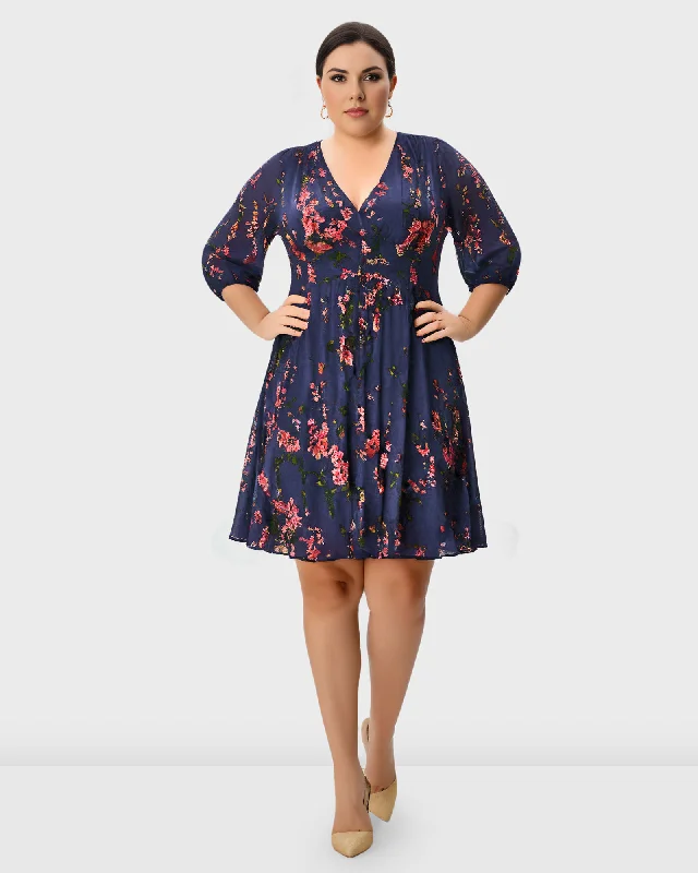 Floral Print Georgette Banded Empire Dress | Peach