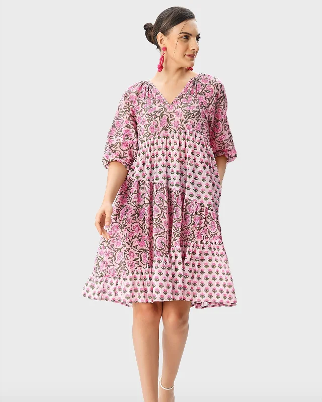 Mixed Floral Hand Block Print Cotton Asymmetric Tier Dress | Green