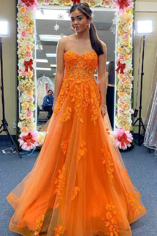 Orange Strapless A-Line Prom Dress with Appliques cc453