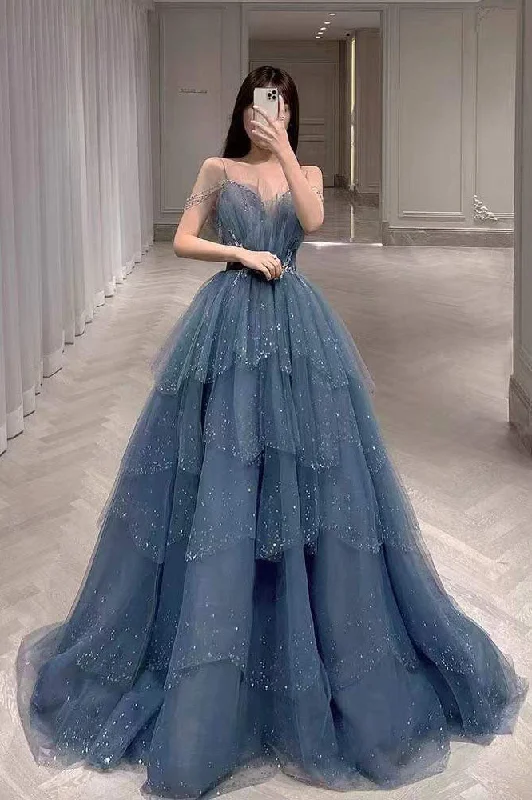 Gorgeous Blue Sparkly Tulle Beaded Prom Dress, Tiered Formal Gown with Rhinestone