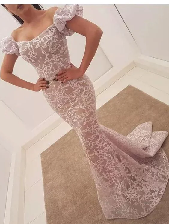 lace applique mermaid evening dresses long light pink beaded off the shoulder evening gown with sleeves