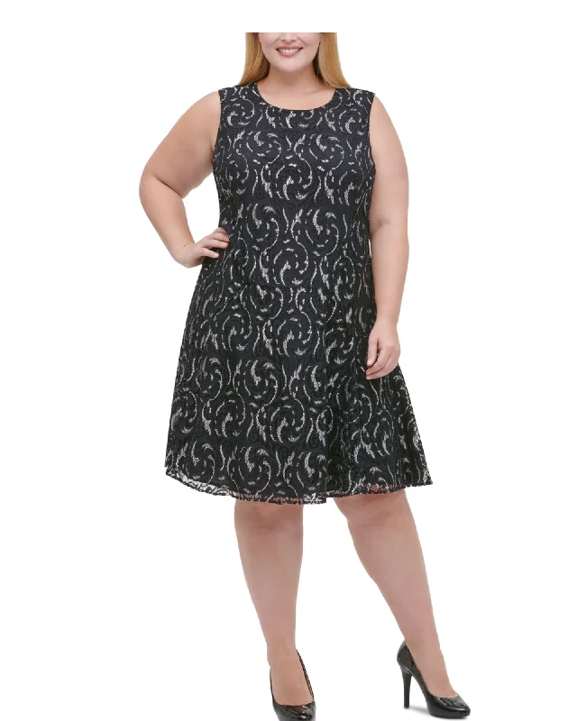 Tommy Hilfiger Women's Plus Metallic Lace Fit Flare Dress Black Size 20W | Black