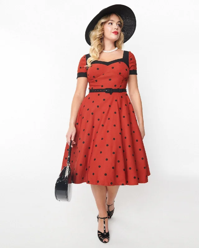 Unique Vintage Rust & Black Polka Dot Swing Dress | Red, Black Polka Dots