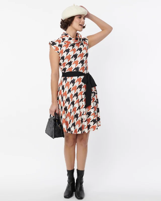 Unique Vintage Cat Houndstooth Fit & Flare Dress | White