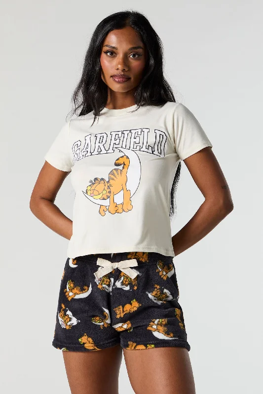 Garfield T-Shirt and Plush Short 2 Piece Pajama Set Collared Crew Neck Turtle Neck