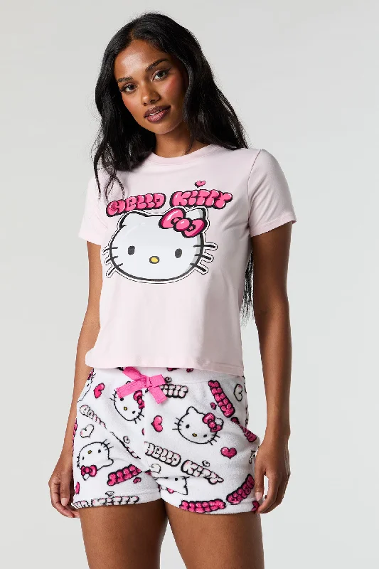 Hello Kitty T-Shirt and Plush Short 2 Piece Pajama Set Seamless Knitted Crochet