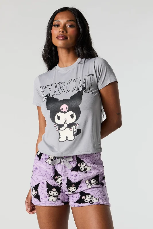 Kuromi T-Shirt and Plush Short 2 Piece Pajama Set Solid Color Striped Floral