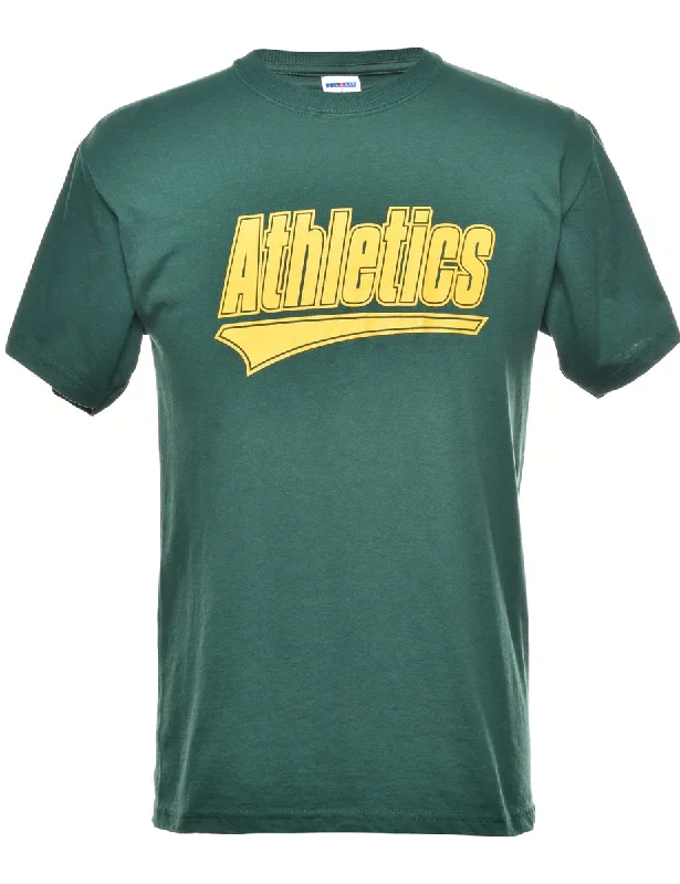 Athletics Printed Green & Yellow T-shirt - M Spandex Blend Rayon Blend Denim Blend