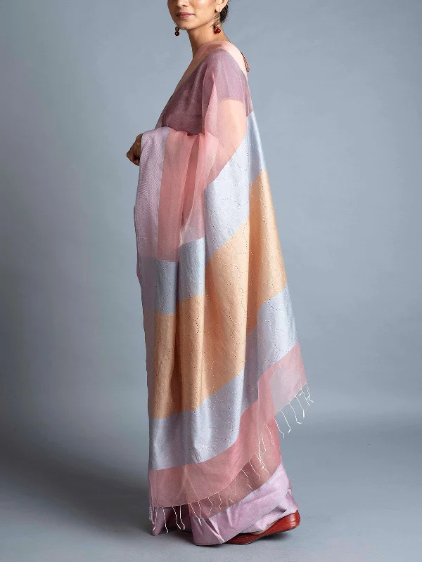 Badla Silk Organza Saree Pink With Blouse Piece Delicate Pleat Blouse