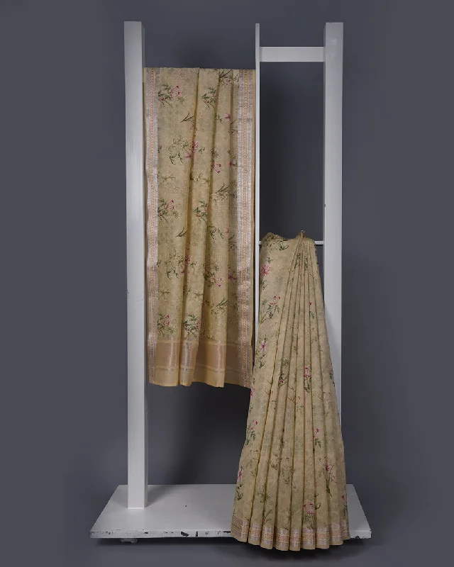 Beige Chanderi Printed Saree With Chanderi Blouse Delicate Pleat Blouse