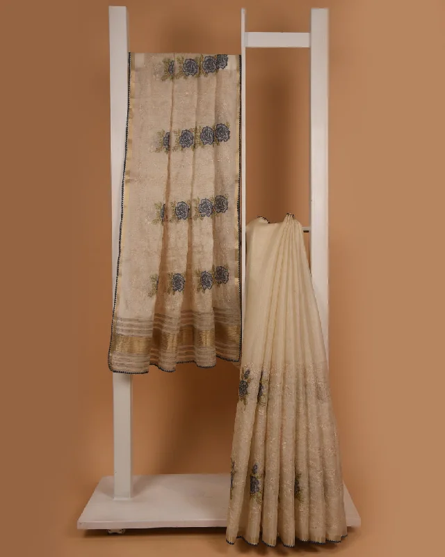 Beige With Gray Silk Blend Embroidered Saree With Silk Tissue Blend Blouse Peter Pan Blouse Beige With Gray Silk Blend Embroidered Saree With Silk Tissue Blend Blouse Peter Pan Blouse