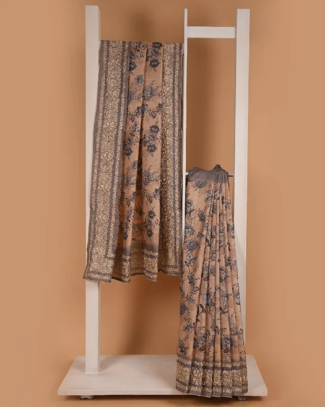 Beige With Gray Silk Blend Printed With Embroidery Saree With Silk Blend Printed Blouse Chic Ruffle Blouse
