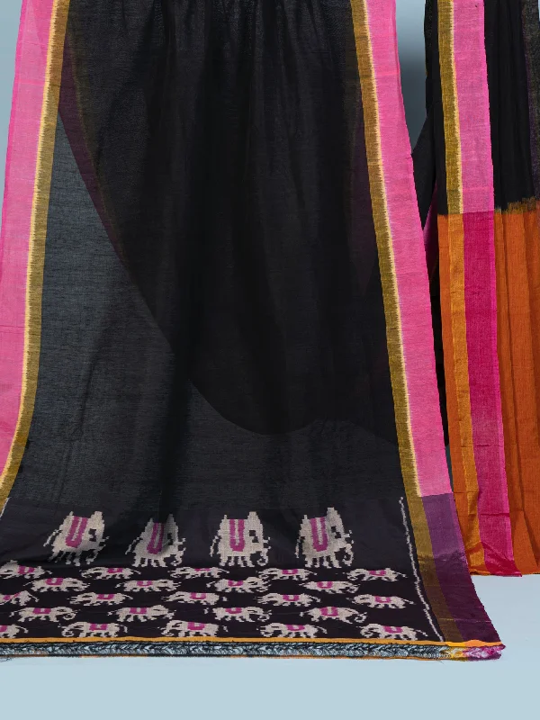 Linen Saree Elephant Black With Blouse Piece Silky Draped Blouse