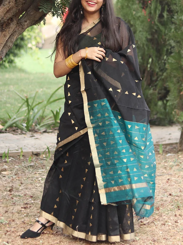 Chanderi Saree Black With Blouse Piece Ruffled Neck Blouse