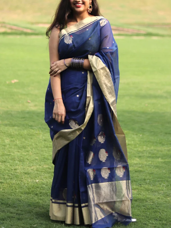 Chanderi Saree Blue With Blouse Pce Loose Fit Blouse