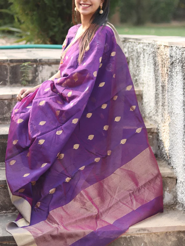 Chanderi Saree Purple With Blouse Pce Embroidered Floral Blouse