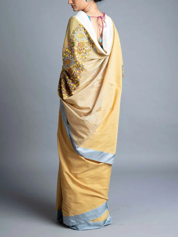 Cotton Saree Khaki With Blouse Piece Feminine Satin Blouse