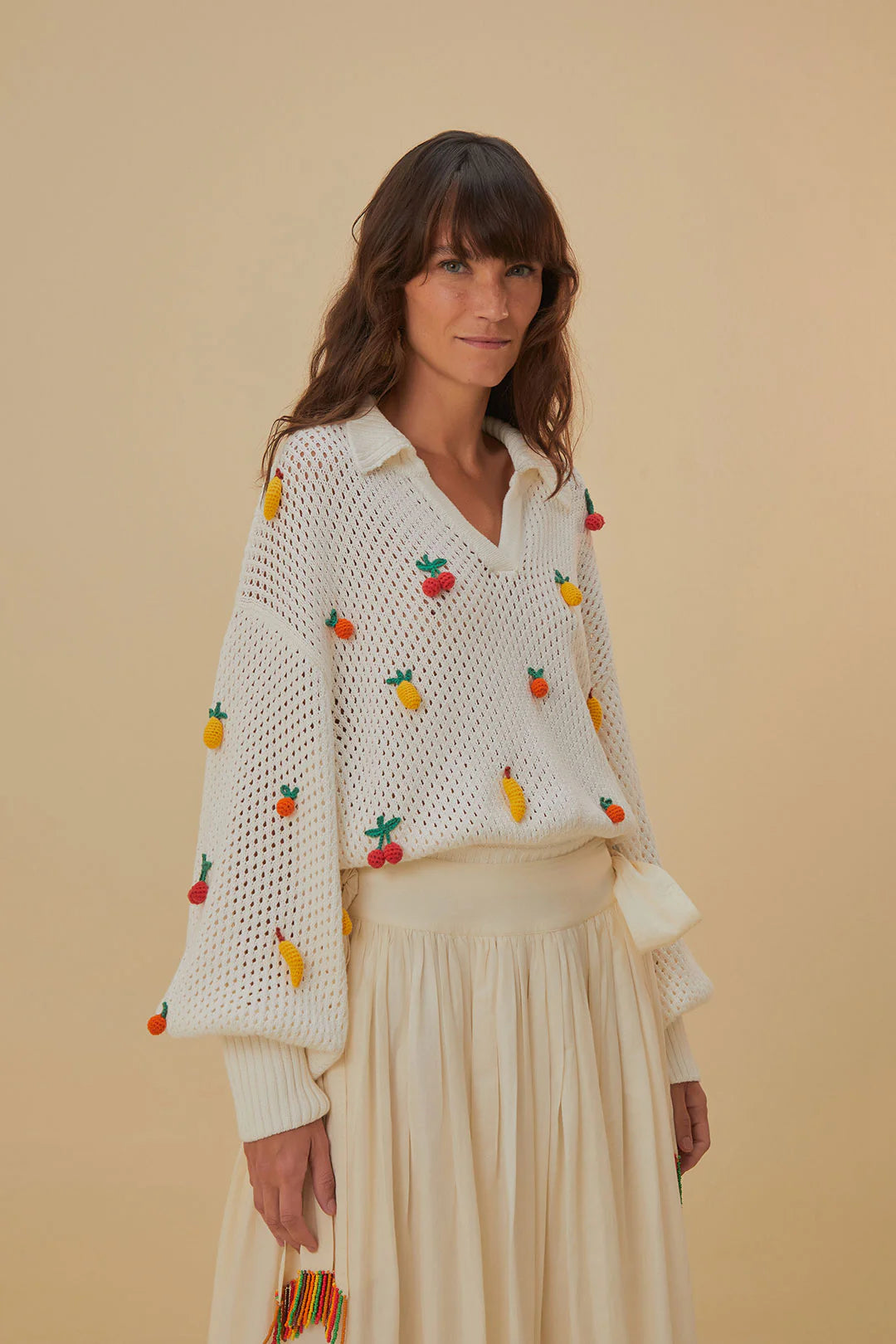 Crochet Fruit Blouse White Classic Striped Blouse
