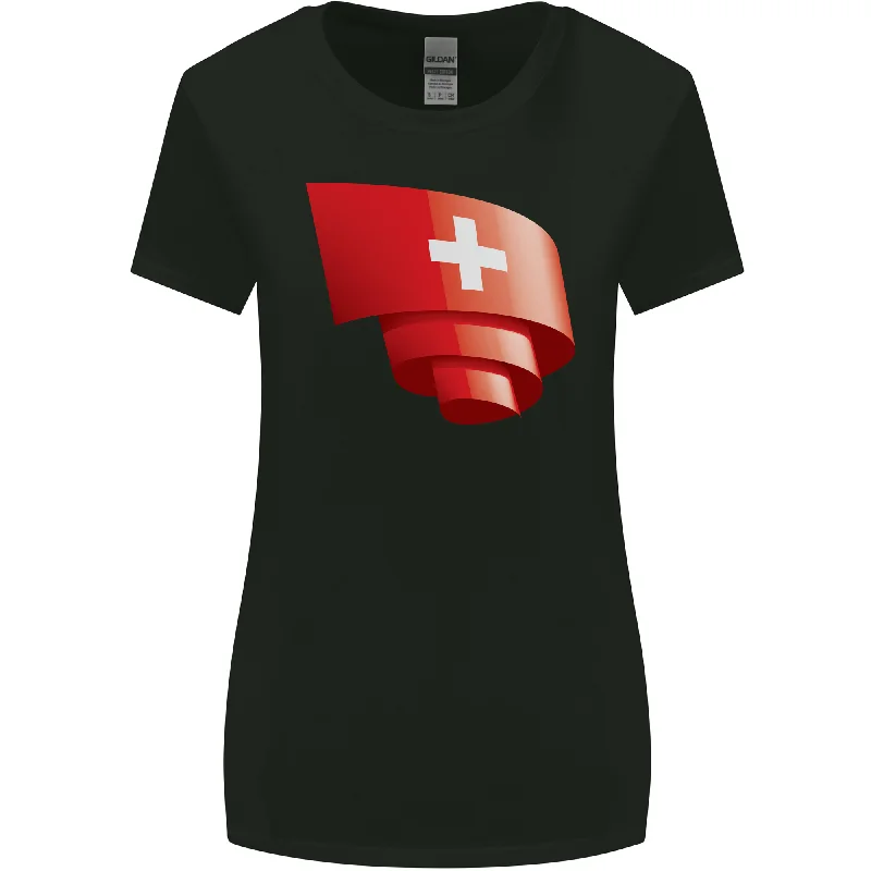 Curled Switzerland Flag Swiss Day Football Womens Wider Cut T-Shirt Modern Contemporary Chic Curled Switzerland Flag Swiss Day Football Womens Wider Cut T-Shirt Modern Contemporary Chic