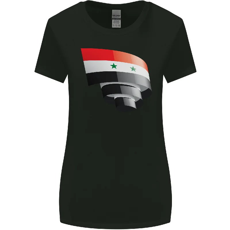 Curled Syria Flag Syrian Day Football Womens Wider Cut T-Shirt Sequined Glittery Shiny Curled Syria Flag Syrian Day Football Womens Wider Cut T-Shirt Sequined Glittery Shiny