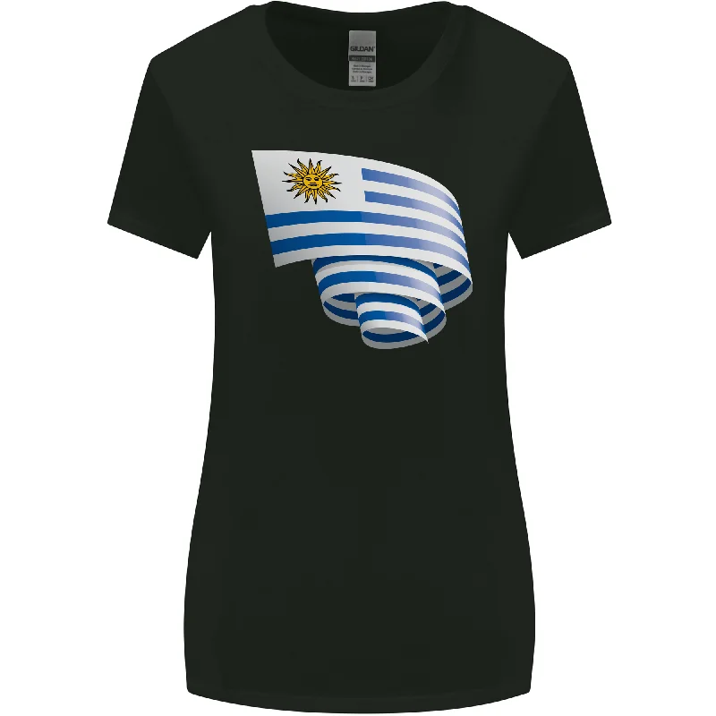 Curled Uruguay Flag Uruguayan Day Football Womens Wider Cut T-Shirt Elasticated Padded Insulated Curled Uruguay Flag Uruguayan Day Football Womens Wider Cut T-Shirt Elasticated Padded Insulated