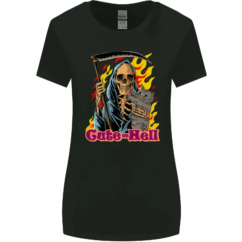 Cute Hell Cat Grim Reaper Skull Halloween Womens Wider Cut T-Shirt Solid Print Embellished Cute Hell Cat Grim Reaper Skull Halloween Womens Wider Cut T-Shirt Solid Print Embellished