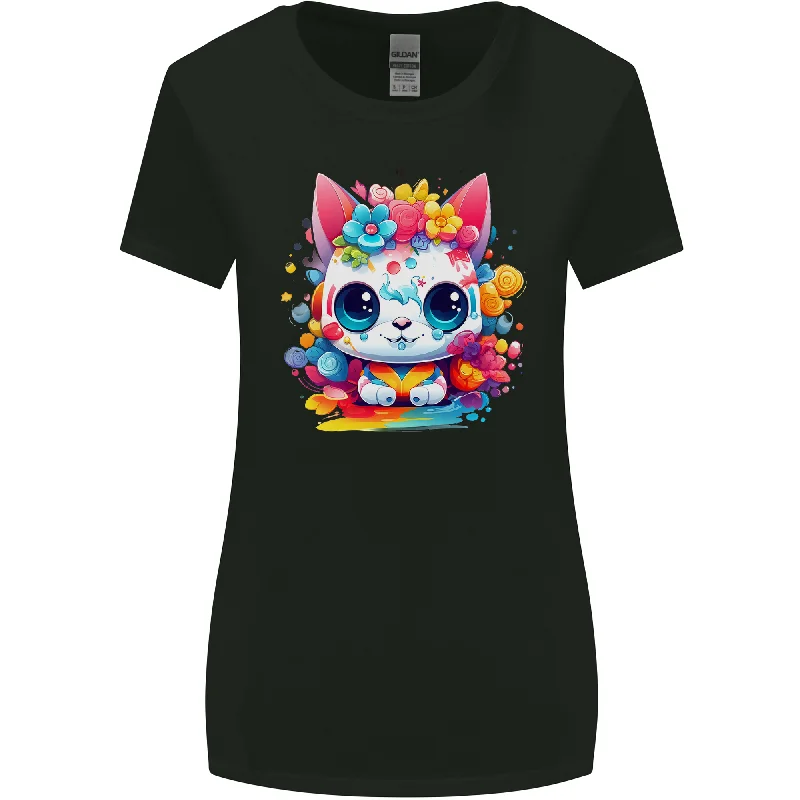 Cute Kawaii Cat Womens Wider Cut T-Shirt Lace Blend Ribbed Blend Corduroy Blend