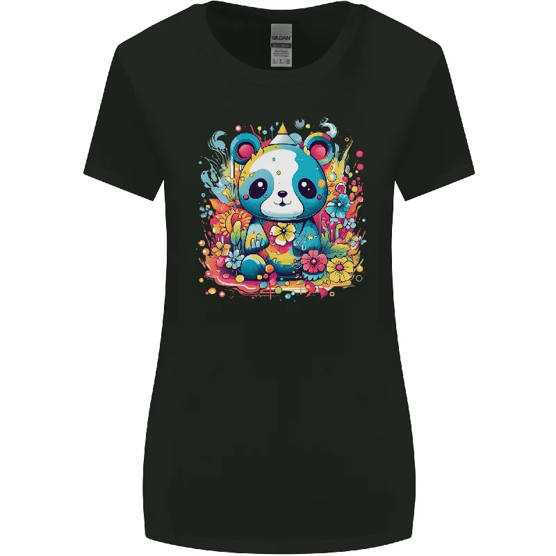 Cute Kawaii Panda Bear Womens Wider Cut T-Shirt Houndstooth Herringbone Solid
