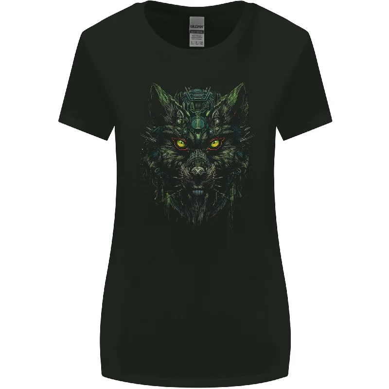 Cyber Wolf Werewolf Lycan Womens Wider Cut T-Shirt Asymmetrical Pockets Print