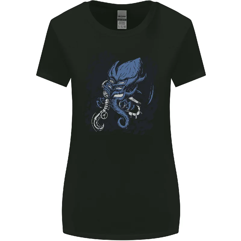 Cyberpunk Cthulhu Kraken Octopus Womens Wider Cut T-Shirt Chenille Brocade Lace