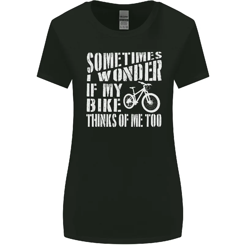 Cycling I Wonder If My Bike Bicycle Cyclist Womens Wider Cut T-Shirt Spandex Blend Rayon Blend Denim Blend Cycling I Wonder If My Bike Bicycle Cyclist Womens Wider Cut T-Shirt Spandex Blend Rayon Blend Denim Blend