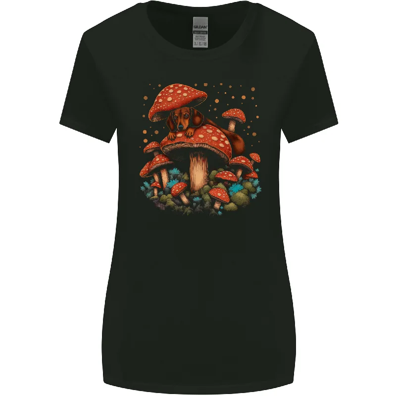 Dachshund With Mushrooms Dog Womens Wider Cut T-Shirt Asymmetrical Pockets Print