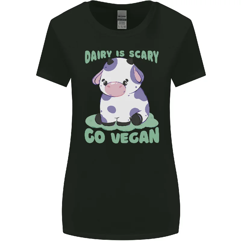 Dairy Is Scary Go Vegan Funny Womens Wider Cut T-Shirt Notch Collar Peter Pan Collar Cowl Neck Dairy Is Scary Go Vegan Funny Womens Wider Cut T-Shirt Notch Collar Peter Pan Collar Cowl Neck