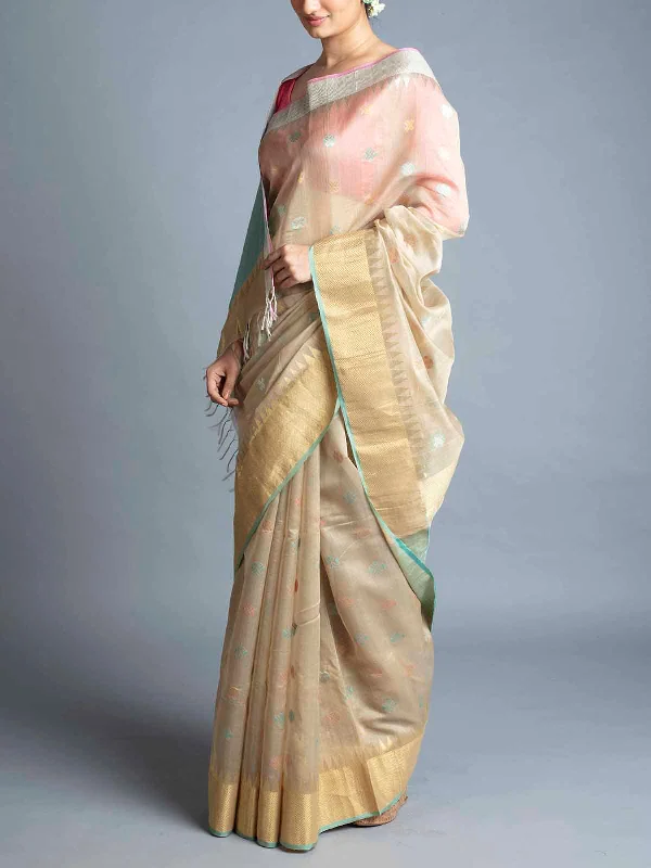 Ganga Jamuna Chanderi Saree With Blouse Piece Khaki Boho Printed Blouse