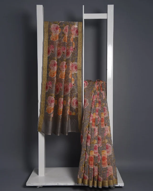 Grey Chanderi Printed Saree With Golden Woven Border And Chanderi Blouse Sweetheart Neck Blouse Grey Chanderi Printed Saree With Golden Woven Border And Chanderi Blouse Sweetheart Neck Blouse