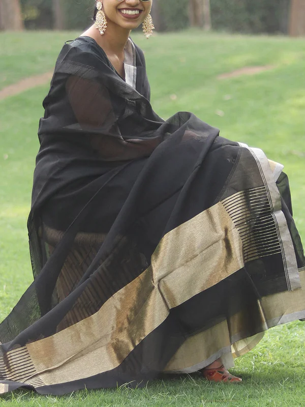 Handwoven Chanderi Saree Black With Blouse Piece Boho Printed Blouse