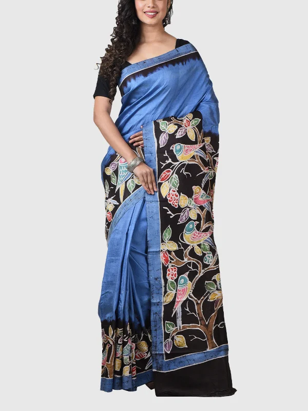 Hand Batik Saree with Blouse Piece Blue And Black Soft Pastel Blouse