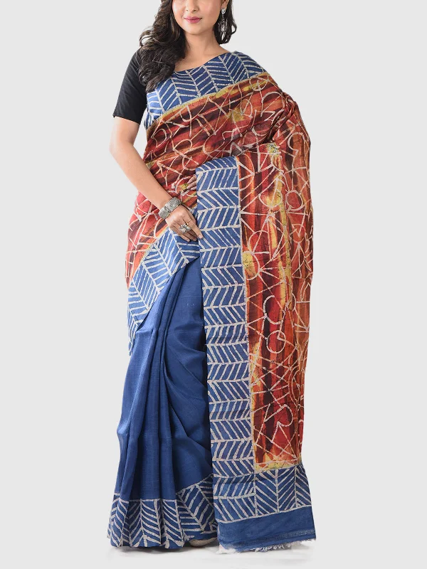 Handwoven Hand Batik Pure Silk Saree with Blouse Piece Blue And Brown Boho Chic Blouse