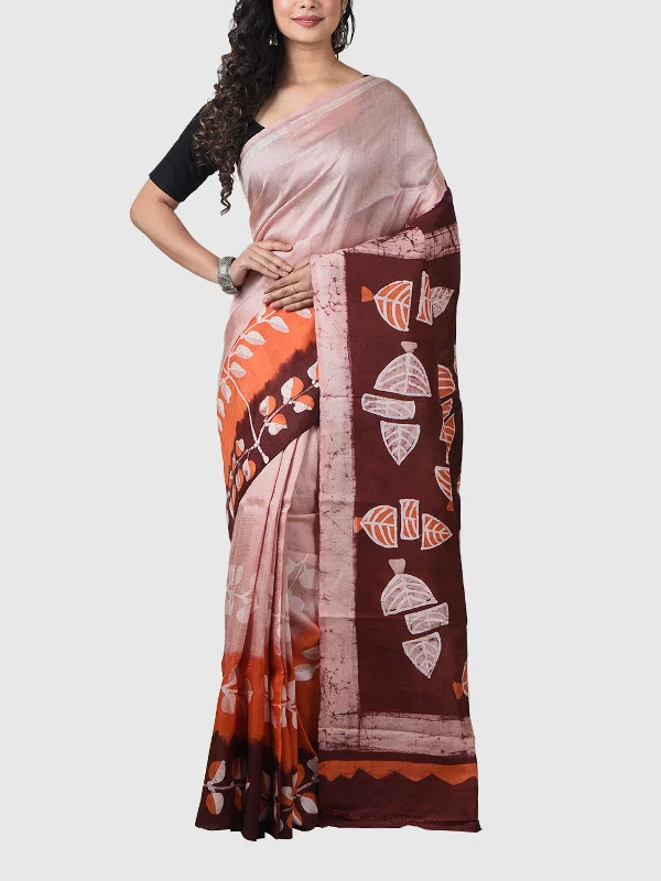 Pure Silk Saree And Blouse Piece Cream And Brown Gathered Detail Blouse