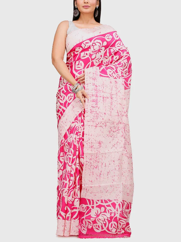 Hand Batik Pure Silk Saree with Blouse Piece Cream And Pink Sleeveless Chiffon Blouse