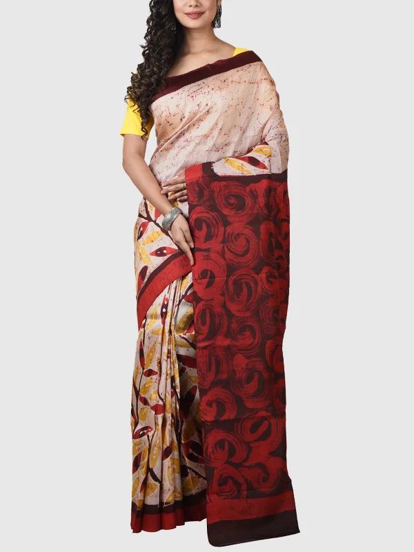 Hand Batik Saree with Blouse Piece  Cream And Rust Versatile Layering Blouse
