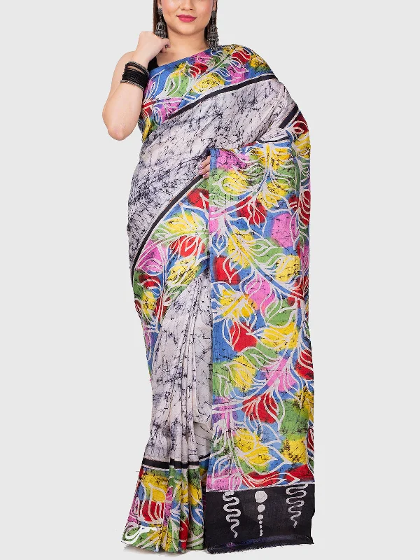 Hand Batik Silk Saree with Blouse Piece Off White And Blue Satin Bow Blouse